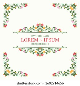 Vector romantic round floral frame and corner with plants and flowers in flat style isolated on white background suitable for invitation or greeting cards etc.