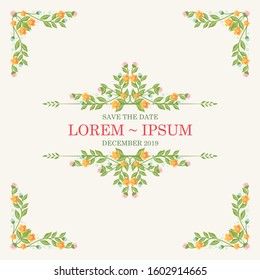 Vector romantic round floral frame and corner with plants and flowers in flat style isolated on white background suitable for invitation or greeting cards etc.
