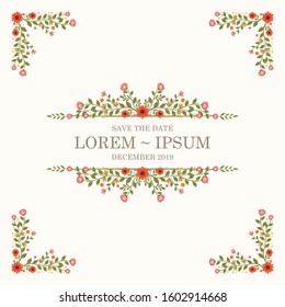 Vector romantic round floral frame and corner with plants and flowers in flat style isolated on white background suitable for invitation or greeting cards etc.