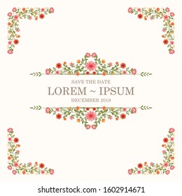 Vector romantic round floral frame and corner with plants and flowers in flat style isolated on white background suitable for invitation or greeting cards etc.