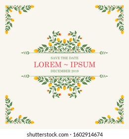 Vector romantic round floral frame and corner with plants and flowers in flat style isolated on white background suitable for invitation or greeting cards etc.