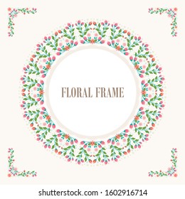 Vector romantic round floral frame and corner with plants and flowers in flat style isolated on white background suitable for Wedding Invitation, floral invite modern card Design or greeting cards etc
