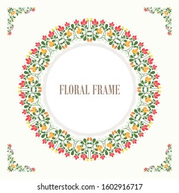 Vector romantic round floral frame and corner with plants and flowers in flat style isolated on white background suitable for Wedding Invitation, floral invite modern card Design or greeting cards etc