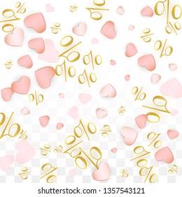 Vector Romantic Sale Background with Hearts and Percent for  Discount  Flyer Design. Good for Special Hot Holiday Discount Offer, Black Friday, Fashion Promotion Action. Romantic Love Illustration.