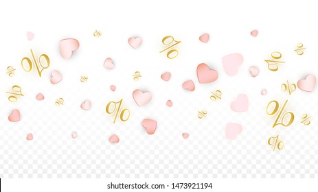 Vector Romantic Sale Background with Hearts and Percent for  Discount Cards Design. Good for Special Hot Holiday Discount Offer, Black Friday, Fashion Promotion Action. Romantic Love Illustration.