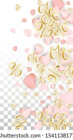 Vector Romantic Sale Background with Hearts and Percent for  Discount Web Design. Good for Special Hot Holiday Discount Offer, Black Friday, Fashion Promotion Action. Romantic Love Illustration.