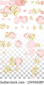 Vector Romantic Sale Background with Hearts and Percent for  Discount  Flyer Design. Good for Special Hot Holiday Discount Offer, Black Friday, Fashion Promotion Action. Romantic Love Illustration.