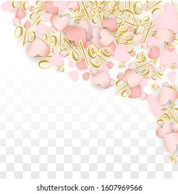 Vector Romantic Sale Background with Hearts and Percent for  Discount Template Design. Good for Special Hot Holiday Discount Offer, Black Friday, Fashion Promotion Action. Romantic Love Illustration.