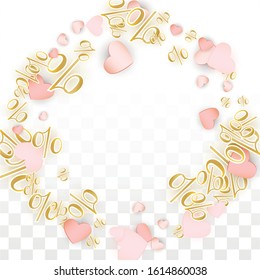 Vector Romantic Sale Background with Hearts and Percent for  Discount  Flyer Design. Good for Special Hot Holiday Discount Offer, Black Friday, Fashion Promotion Action. Romantic Love Illustration.