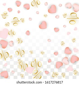 Vector Romantic Sale Background with Hearts and Percent for  Discount Web Design. Good for Special Hot Holiday Discount Offer, Black Friday, Fashion Promotion Action. Romantic Love Illustration.
