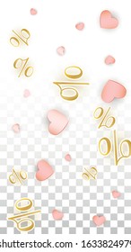 Vector Romantic Sale Background with Hearts and Percent for  Discount Web Design. Good for Special Hot Holiday Discount Offer, Black Friday, Fashion Promotion Action. Romantic Love Illustration.