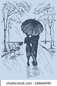 Vector romantic scene  Couple and umbrella walking along the avenue in the rain 