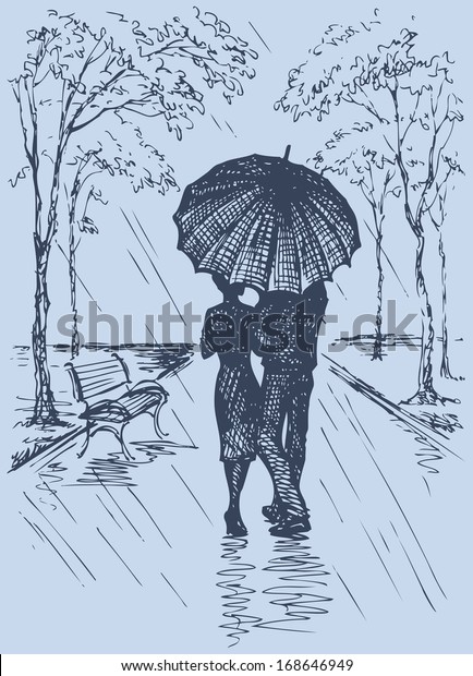 Vector Romantic Scene Couple Umbrella Walking Stock Vector