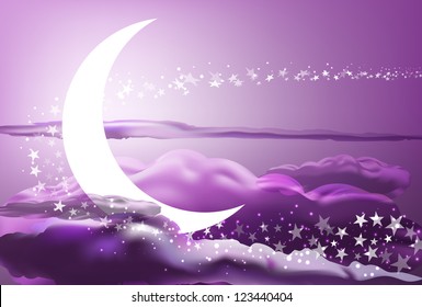 vector romantic scene with moon, stars and pink clouds, eps 10 file, gradient mesh and transparency used, raster version available