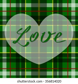 Vector romantic scottish tartan heart in green, white and black. British or irish celtic design for invitation, greeting, celebration card, valentines day, wedding, birthday.