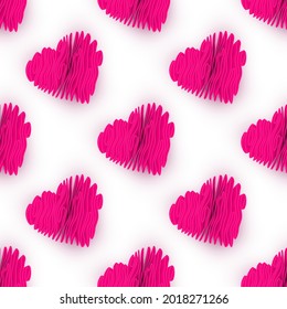 Vector Romantic Seamless Pattern. Abstract 3d Pink Heart. Isolated on White Background. Valentines Day Wallpaper.