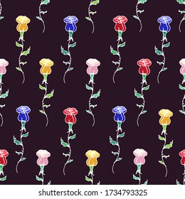 vector romantic seamless pattern with cartoon colored roses on a black background. can be used as wallpaper, background, textile design, notebooks, phone cases, packaging paper, Valentine's day print