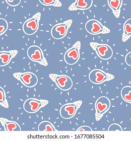 vector romantic seamless pattern with cute hand-вrawn light bulbs with hearts on a blue background. it can be used as Wallpaper, background, print, textile design, notebooks, wrapping paper.