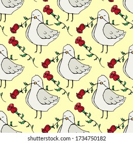 vector romantic seamless pattern with drawn cartoon doves and roses. can be used as Wallpaper, background, textile design, notebooks, phone cases, packaging paper, Valentine's day print
