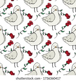 vector romantic seamless pattern with drawn cartoon pigeons and roses. can be used as Wallpaper, background, textile design, notebooks, phone cases, packaging paper, Valentine's day print