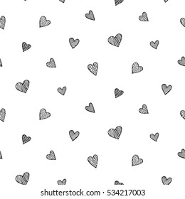 Vector romantic seamless pattern with hand drawn heart doodles, isolated on white. Good for wallpaper, Valentines Day card, wedding invitation, scrapbook, wrapping paper, fashion textile
