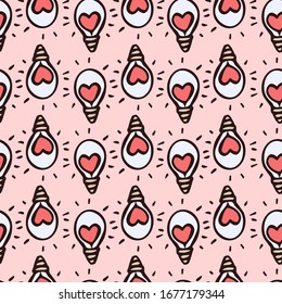 patrón vectorial sin fisuras con bombillas dibujadas a mano con corazones sobre un fondo rosado. se puede utilizar como papel tapiz, fondo, impresión, diseño textil, cuadernos, estuches de teléfono, papel de embalaje.