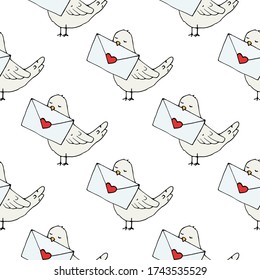vector romantic seamless pattern with hand-drawn cartoon pigeons with love envelopes. can be used as wallpaper, background, textile design, notebooks, phone cases, packaging paper, Valentine's day