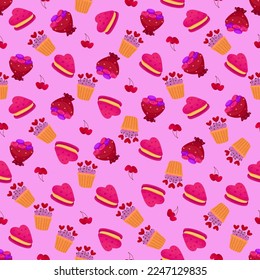 Vector romantic seamless pattern with hearts, berries, sweets and flowers on a pink background. Ideal for wrapping paper, decor, textiles.