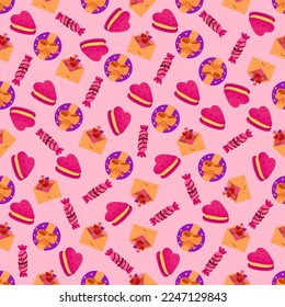 Vector romantic seamless pattern with hearts, gift box , sweets and love letters on a pink background. Ideal for wrapping paper, decor, textiles.
