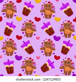 Vector romantic seamless pattern with hearts, cute bears and delicious drink on a purple background. Ideal for wrapping paper, decor, textiles.