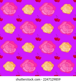 Vector romantic seamless pattern with hearts, flowers, berries and sweets on a purple background. Ideal for wrapping paper, decor, textiles.