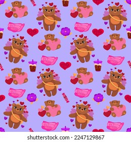Vector romantic seamless pattern with hearts, flowers, cute bears and sweets on a blue background. Ideal for wrapping paper, decor, textiles.