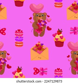 Vector romantic seamless pattern with hearts, cute bears, sweets and love letters on a pink background. Ideal for wrapping paper, decor, textiles.