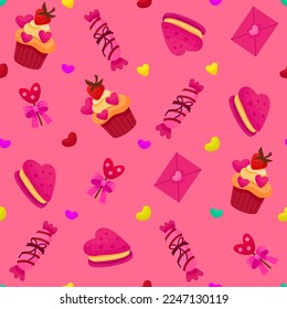 Vector romantic seamless pattern with hearts, berries, sweets and love letters on a pink background. Ideal for wrapping paper, decor, textiles.