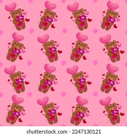 Vector romantic seamless pattern with hearts, cute bears on a pink background. Ideal for wrapping paper, decor, textiles.