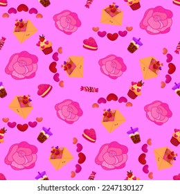 Vector romantic seamless pattern with hearts, sweets, flowers and love letters on a pink background. Ideal for wrapping paper, decor, textiles.