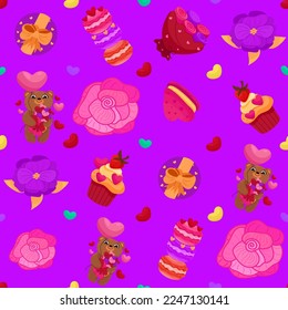 Vector romantic seamless pattern with hearts, gift box, flowers, sweets and macaroons  on a purple background. Ideal for wrapping paper, decor, textiles.