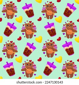 Vector romantic seamless pattern with hearts, cute bears and delicious drink on a green background. Ideal for wrapping paper, decor, textiles.