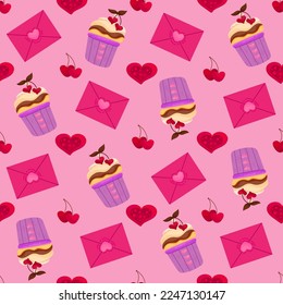 Vector romantic seamless pattern with hearts, berries, sweets and love letters on a pink background. Ideal for wrapping paper, decor, textiles.