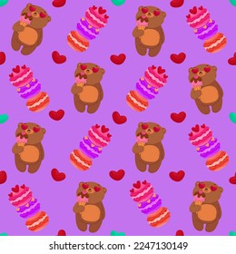 Vector romantic seamless pattern with hearts, macaroons , cute bears on a purple background. Ideal for wrapping paper, decor, textiles.