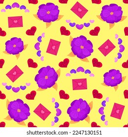 Vector romantic seamless pattern with hearts, sweets, flowers and love letters on a yellow background. Ideal for wrapping paper, decor, textiles.