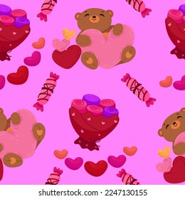 Vector romantic seamless pattern with hearts, cute bears and flowers on a pink background. Ideal for wrapping paper, decor, textiles.