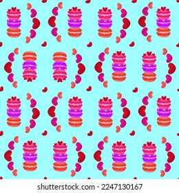 Vector romantic seamless pattern with hearts, macaroons on a blue background. Ideal for wrapping paper, decor, textiles.