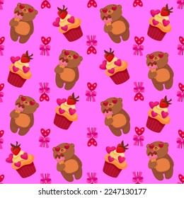 Vector romantic seamless pattern with hearts, cute bears and sweets on a pink background. Ideal for wrapping paper, decor, textiles.
