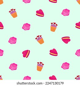 Vector romantic seamless pattern with hearts, flowers, berries and sweets on a blue background. Ideal for wrapping paper, decor, textiles.