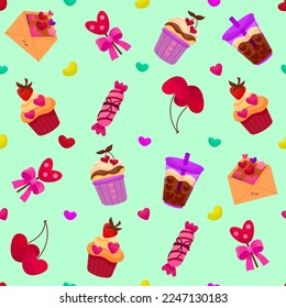 Vector romantic seamless pattern with hearts, berries, sweets and love letters on a green background. Ideal for wrapping paper, decor, textiles.