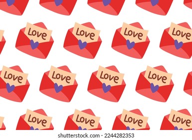 vector romantic seamless pattern red envelope with heart. In the envelope is a card with text: love. Illustration picture of a love letter in flat style.