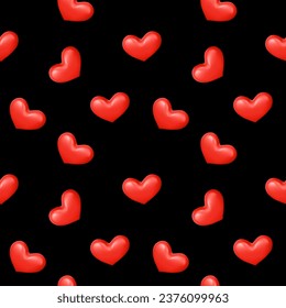Vector romantic seamless pattern with red heart on black background. 3d style love design with red heart for web, site, valentine day card, banner, poster