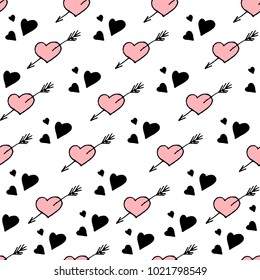 Vector romantic seamless pattern. Simple repeating texture with doodle hearts. Stylish hipster texture. Can be used for valentine cards, scrapbooking, fashion etc.