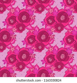 Vector. Romantic seamless pattern with watercolor bouquet of abstract rose flowers and green leaves in pink, purple and magenta colors. For backgrounds, textiles, wrapping papers, greeting cards.